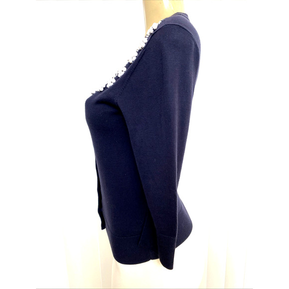 Kate Spade Cardigan Sweater Button 3/4 Sleeve Navy Cotton Embellished Be… - Picture 3 of 7